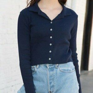 Brandy Navy Collar Button Up Ribbed Top